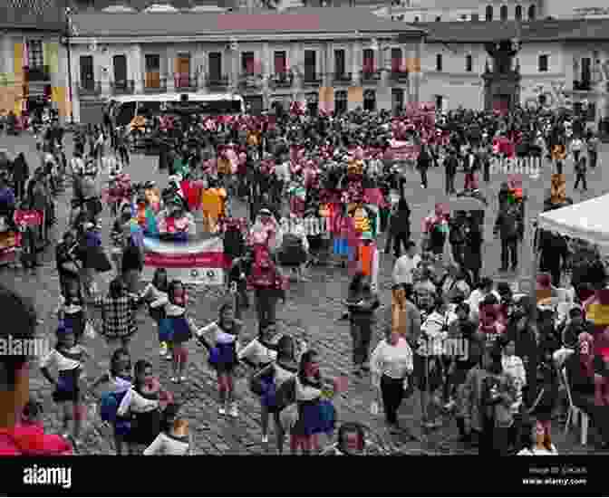 A Crowd Of Ecuadorians In Colorful Attire Dance Through The Streets Of Quito, Celebrating A Vibrant Cultural Festival. Two Backpacks : A Photo Trip In Latin America